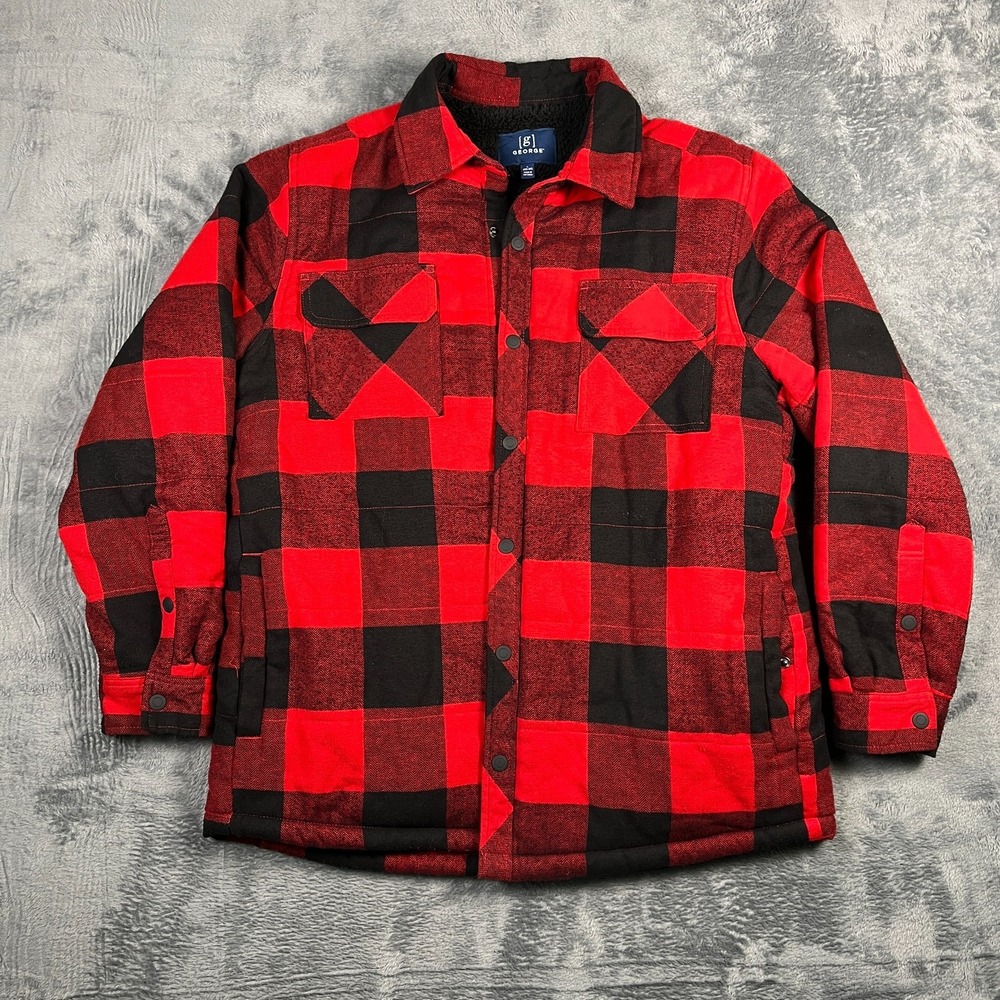 George Shacket Mens Large 42-44 Red Black Buffalo Plaid Sherpa Lined Snap Button